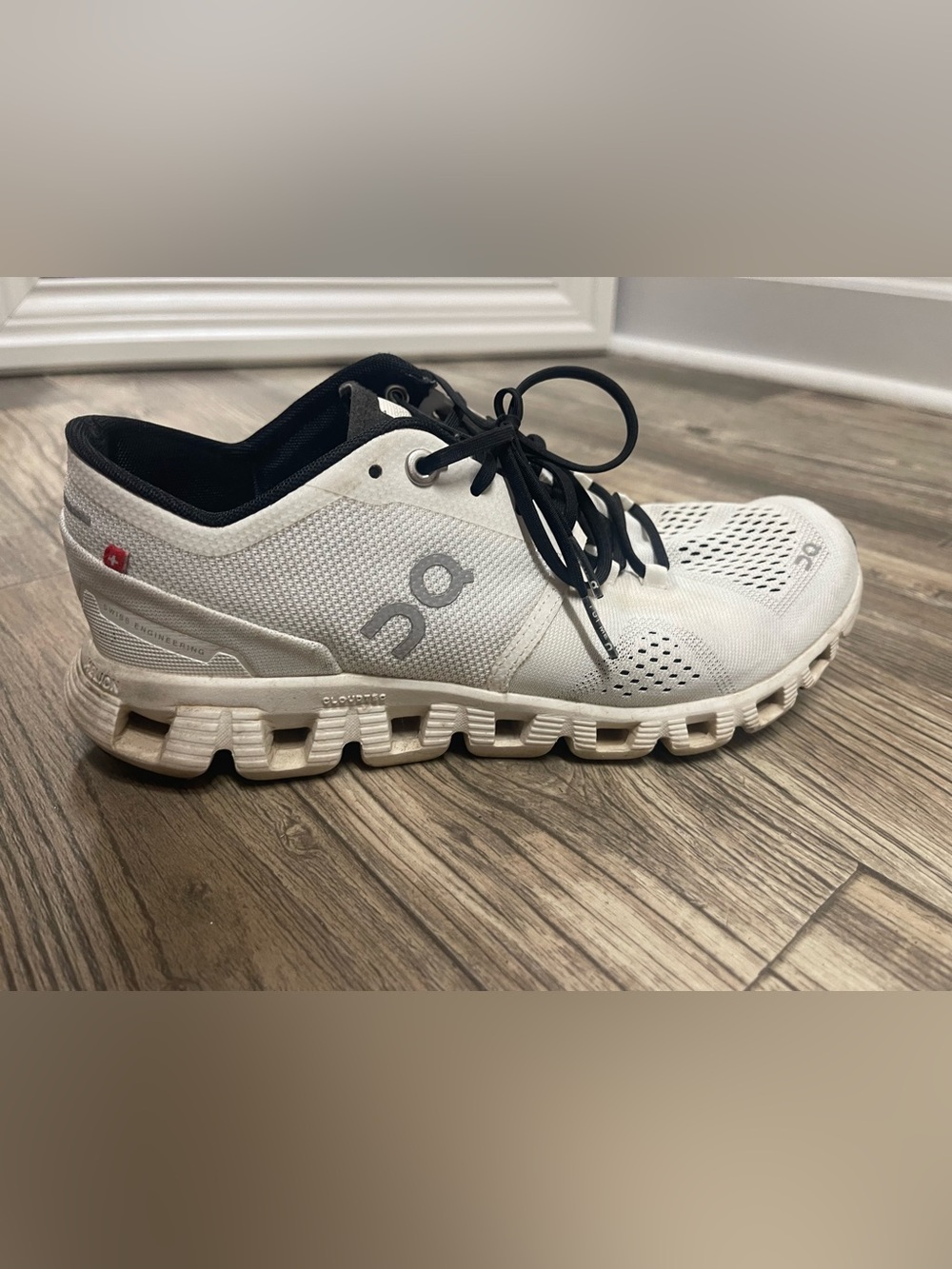 On Running Women's Cloudwhite Athletic Sneakers with Black Accents - Picture 2 of 3